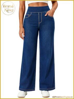 Stretchy Wide Leg Jeans for Women Pull On High Waist Sweatpant Jean